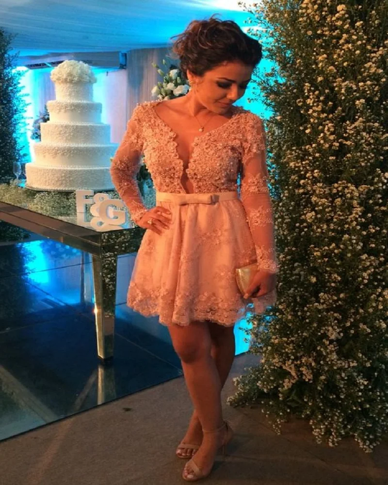 Сексуальная Длинные Рукава Кружева Аппликация Мини Короткие Платье Для Коктейля