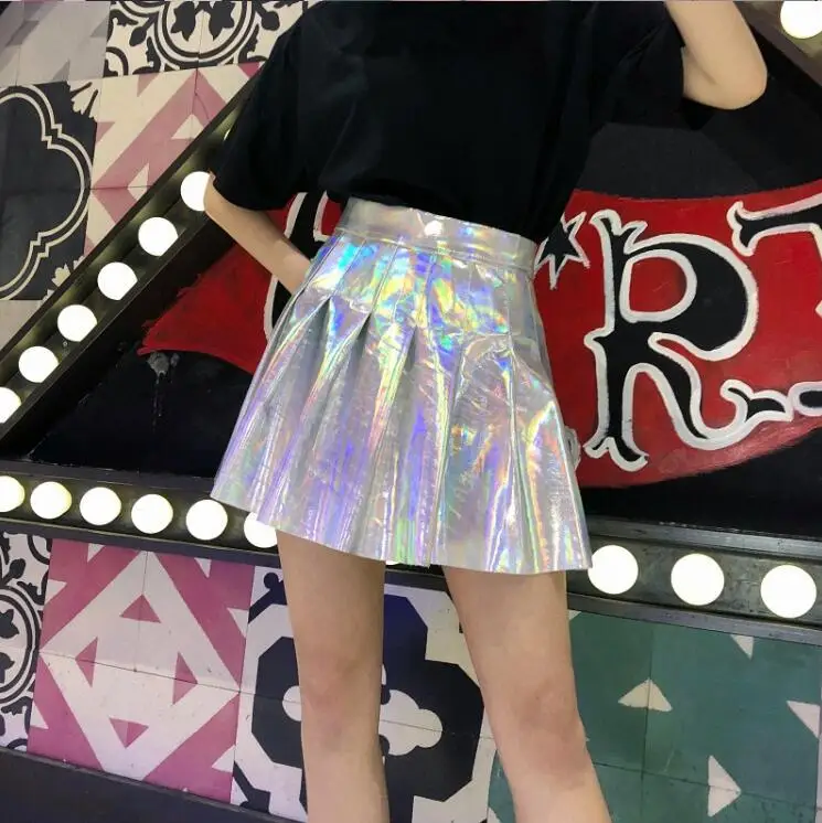 

New laser glossy high waist slim personality silver purple skirt