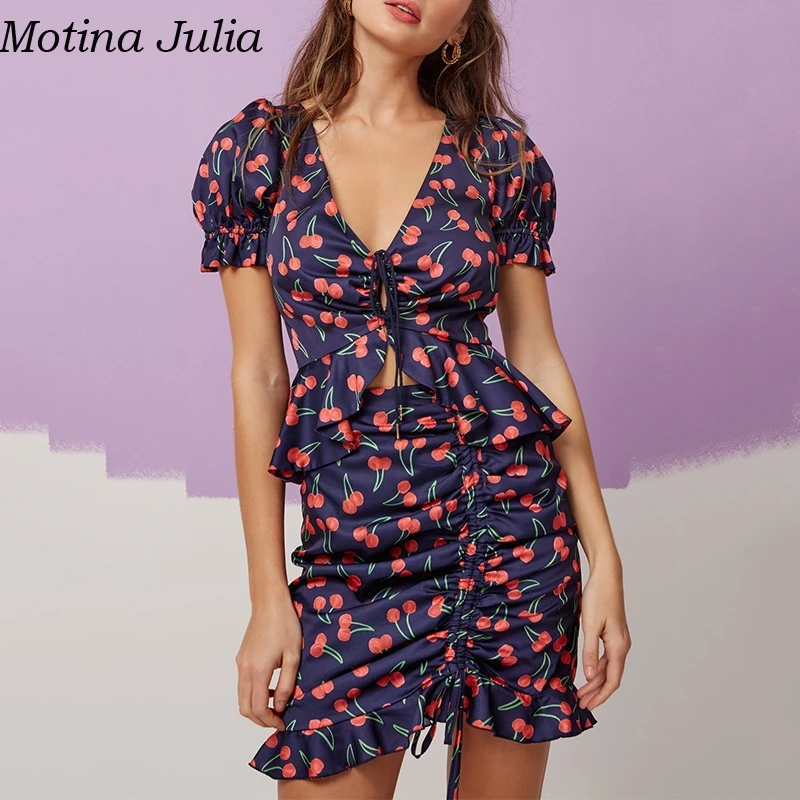 Motina Julia Вишневый принт плиссированные женский костюм из двух предметов летнее