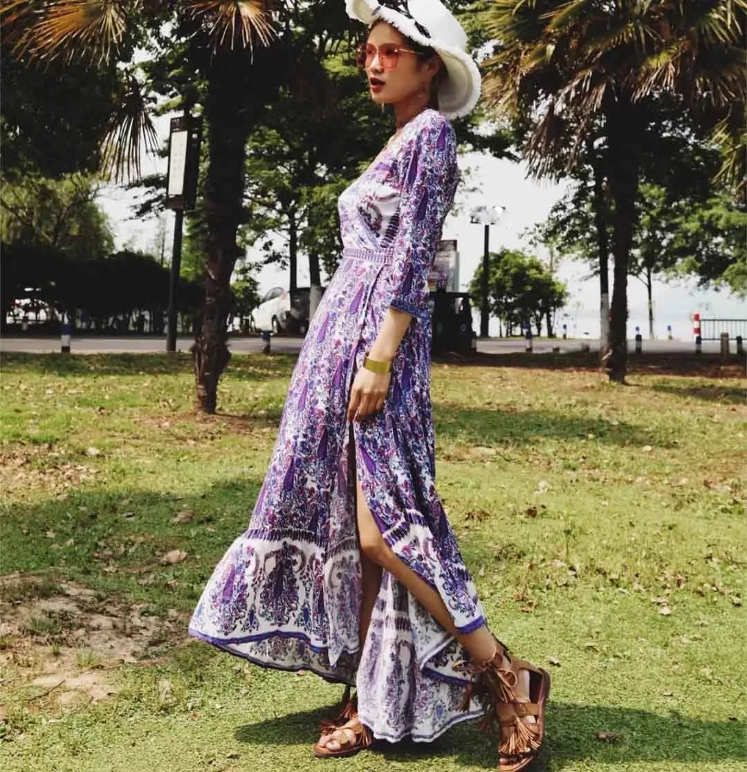 Женское пляжное платье с v-образным вырезом Boho винтажное длинное поясом и