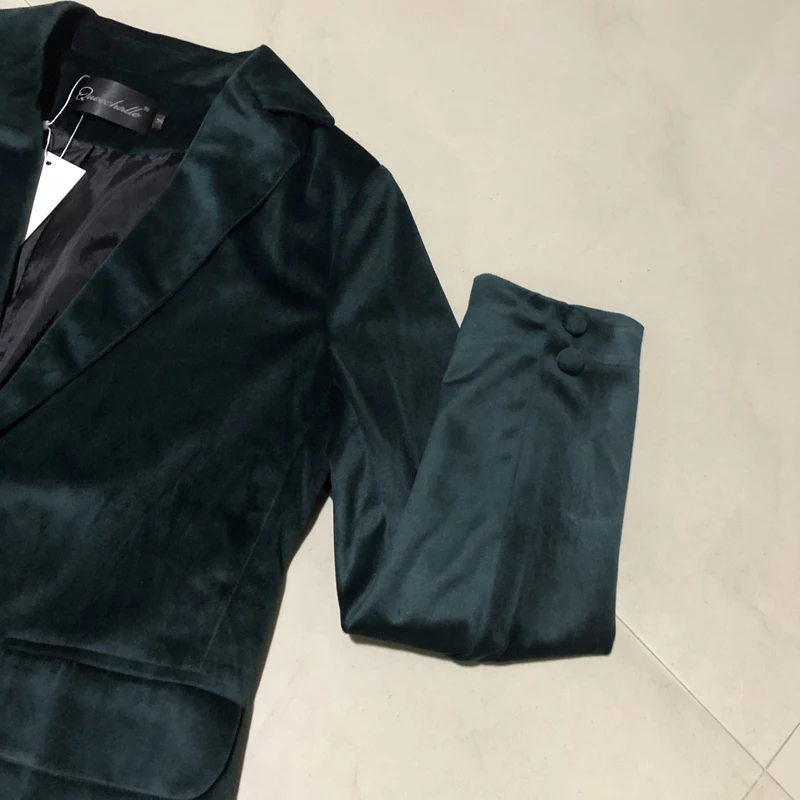 2021 Spring Autumn Dark Green Velour Blazer Coat Women Office Lady Notched Collar Long Sleeve Slim Suit Jacket Casual Outwear