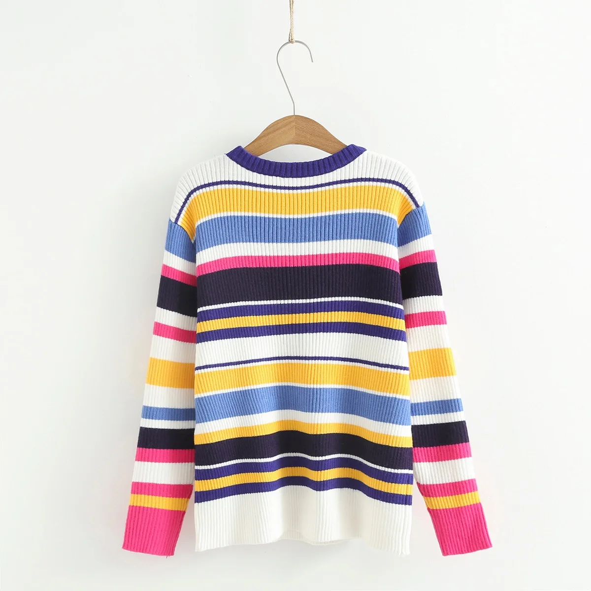 Новый женский Цветной полосатый эластичный пуловер с длинным рукавом свитер 2