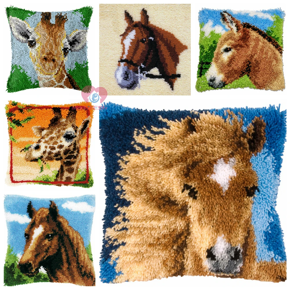 

Dropshipping Latch Hook kits Pillow Horse Diy Handmade Printed Canvas Cushion Latch Hook Kits DIY Unfinished accessories 43x43