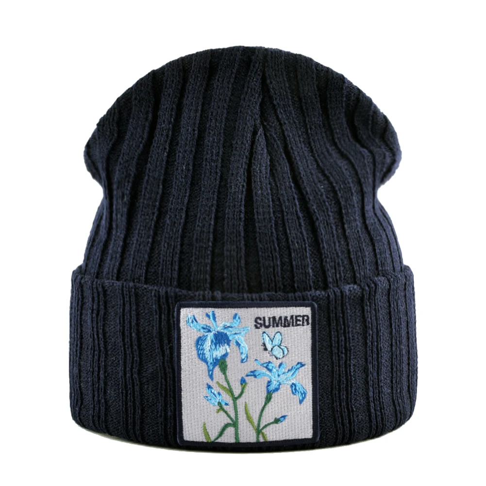 Вязаные шапки для женщин уличная одежда Skullies Beanies с цветком патч Весна Осень Вязание Gorra Мужская зимняя шапочка в стиле кэжуал Кепка