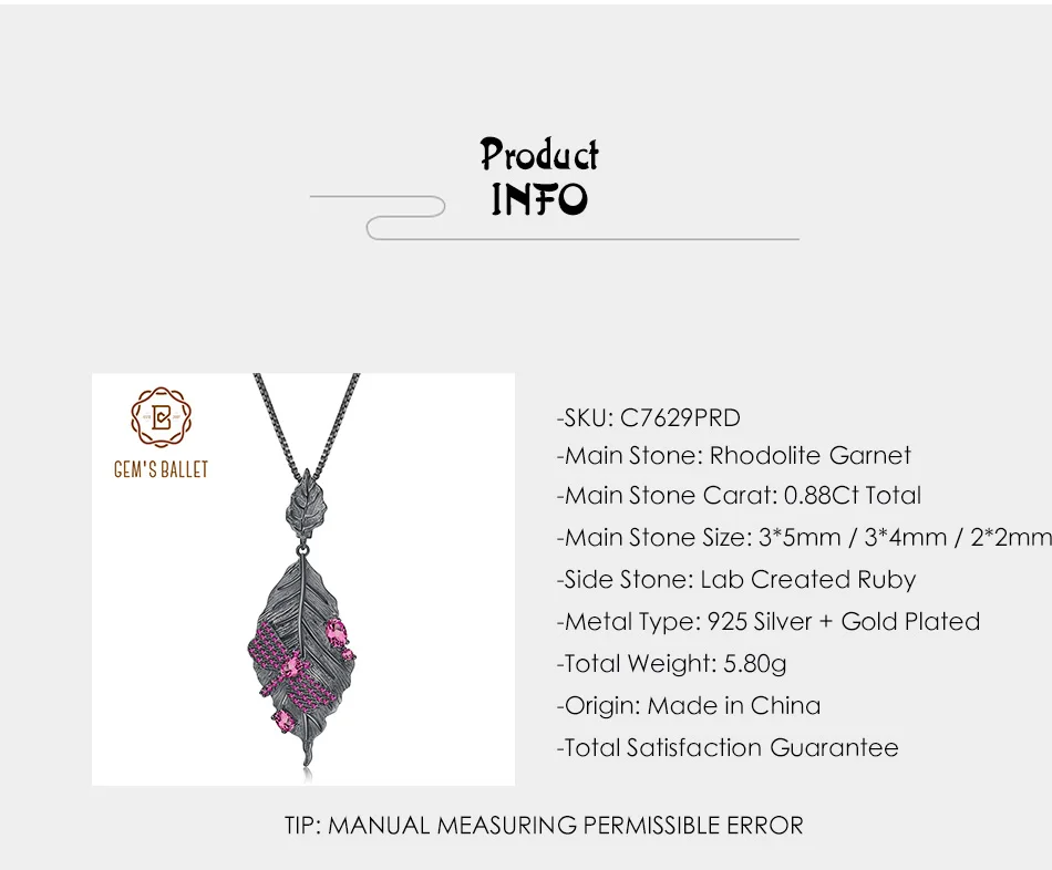 GEM'S балетные 925 пробы серебро 0.88Ct натуральный родолит гранат ручной работы длинные листья кулон ожерелье для женщин Bijoux