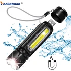 Портативный светодиодный фонарик с зарядкой от USB, мощный фонарик T6, боковой фонарь с COB матрицей, магнитный фонарь