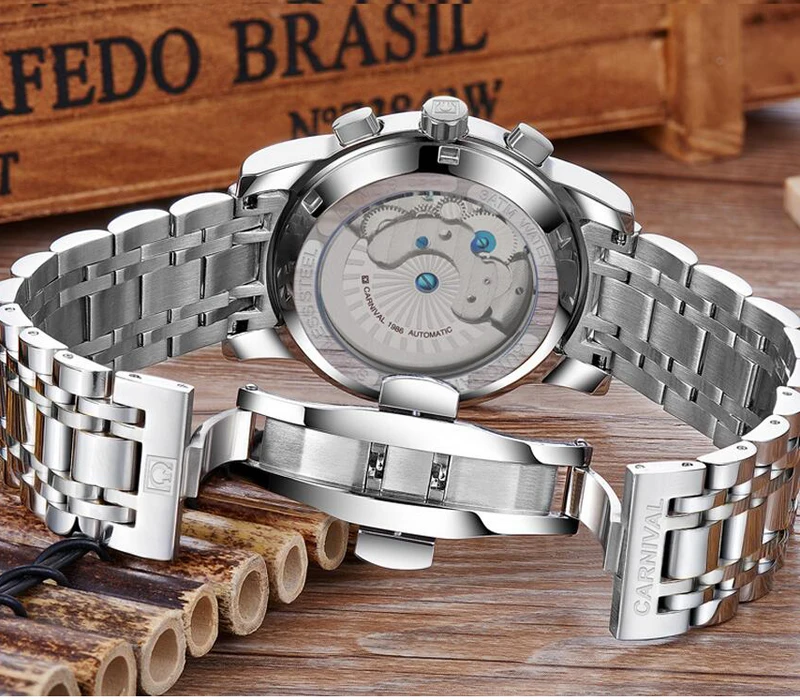 

Carnival Top Brand Tourbillon Mechanical Watches Luminous Waterproof Saphire Full Steel Dress Men Watch 2017 New Wrist watch