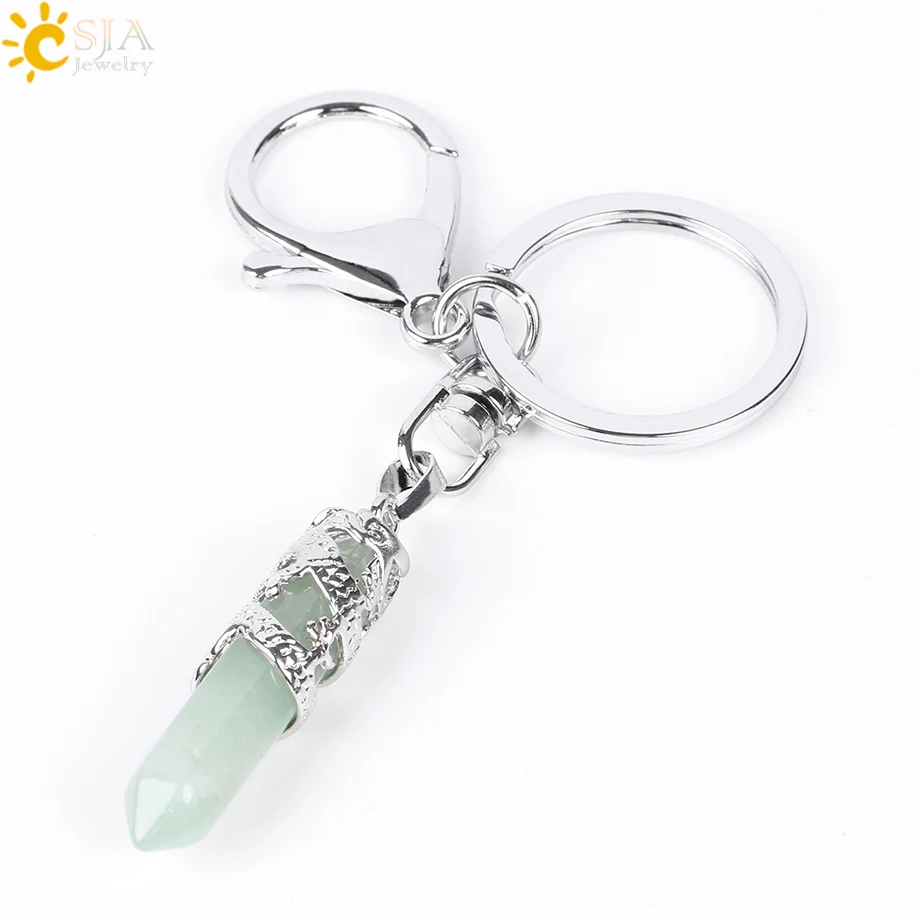 Green Aventurine CSJA, брелки с натуральным драгоценным камнем, шестиугольная призма, подвеска, лазурит, белый кристалл, опал, для DIY, автомобильные брелоки, цепочки E824 - Цвет: Green Aventurine