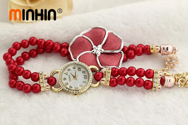 MINHIN женские богемные Цветочные наручные часы с искусственным жемчугом и