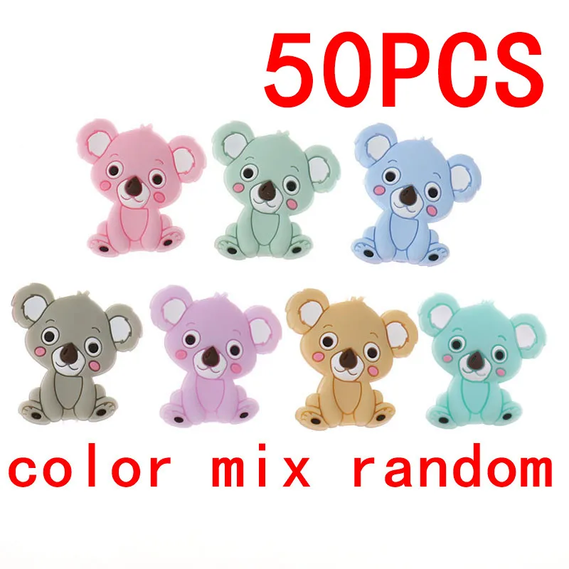 Koala - Random 50 шт., силиконовый Прорезыватель для зубов в форме единорога, бусины в виде животных, BPA бесплатно, для прорезывания зубов, ожерелье, держатель для сенсорной соски, игрушка для душа, грызуны пищевого класса - Цвет: Koala - Random
