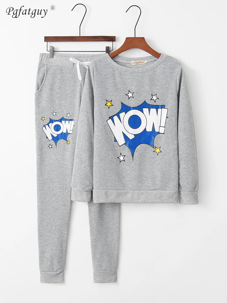 Новинка Осенние серые WOW печати укороченные топы штаны комплект из 2 предметов