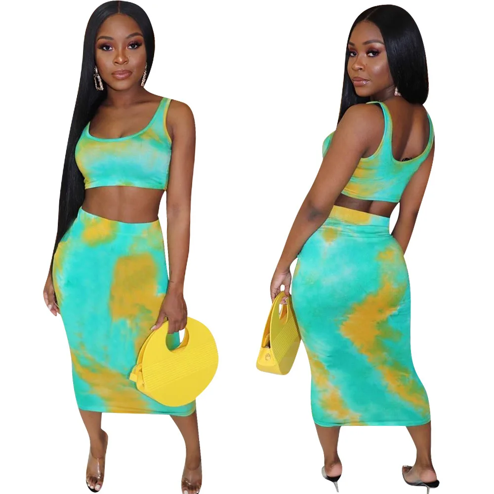 Two Piece Dress Women Summer Set Green Tanks crop top + long skirt 2 PCS Party Club Outfits Sexy Midi | Женская одежда