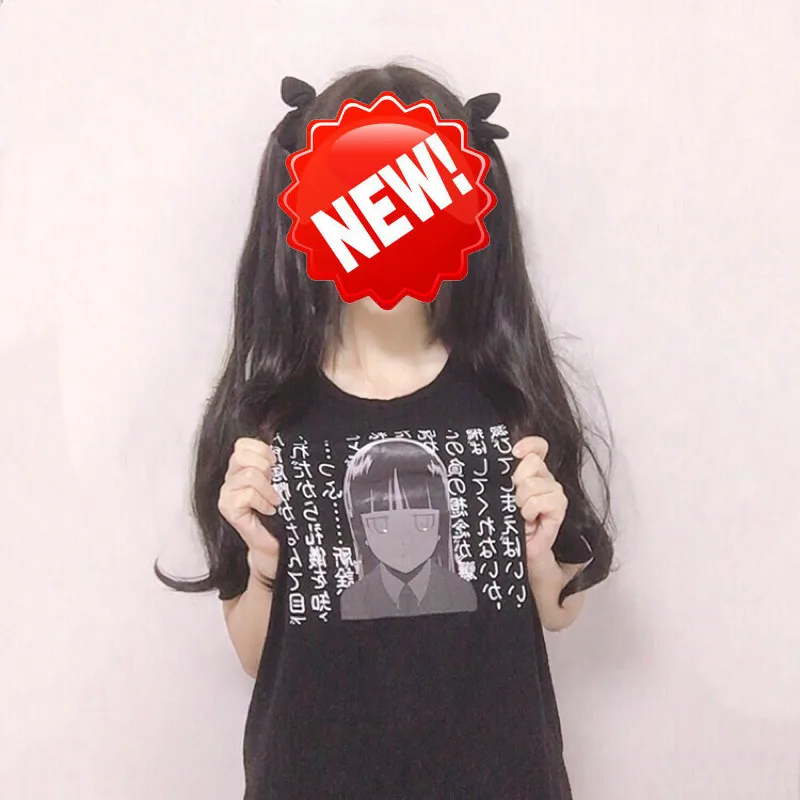 Японский Темный девушка Kawaii футболки лето Harajuku Готический аниме Графический Женский Черный Топ корейский лучший друг Женские футболки Одежда