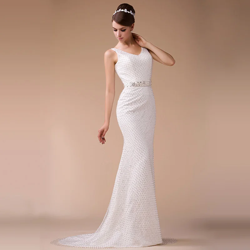 

Cheap Shoulders with a small tail wedding dress 2016 new deep V lace bandage Mermaid/Trumpet wedding dress Slim Free shipping