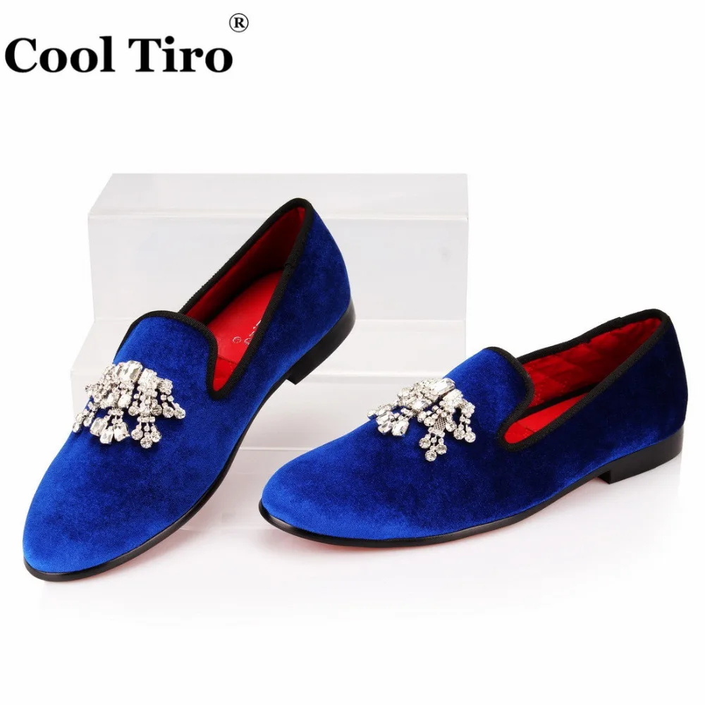 COOL TIRO/синие бархатные мужские слипоны со стразами и цветком обувь Тапочки ручной
