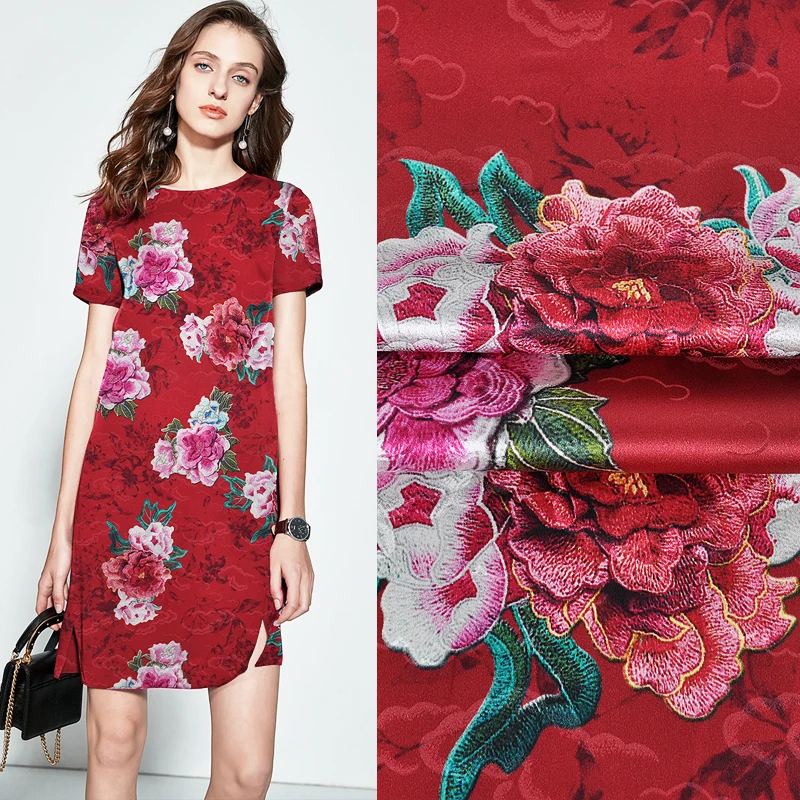 

114CM Wide 19MM Blue Pink Floral Jacquard Stretch Red Silk Satin Fabric Good for Summer Dress Skirt Shirt Pants JH141