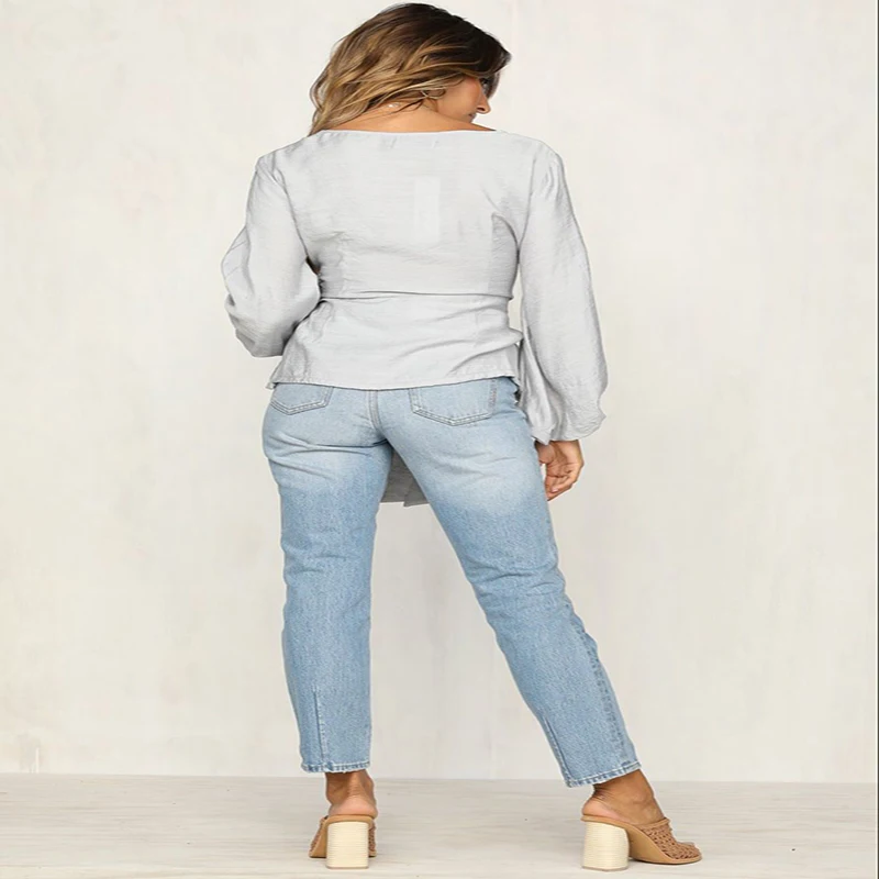 

2018 European and American women's autumn bow-band thin round neck T-shirt