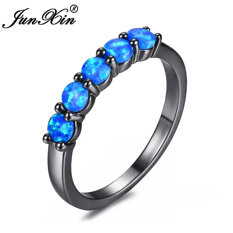 Blue Opal Ring JUNXIN Синий/Белый огненный опал кольца для мужчин и женщин Однорядный Радужный камень черный золотой Заполненный Обручальное стекируемое кольцо среднего размера подарки - Цвет основного камня: Blue Opal Ring