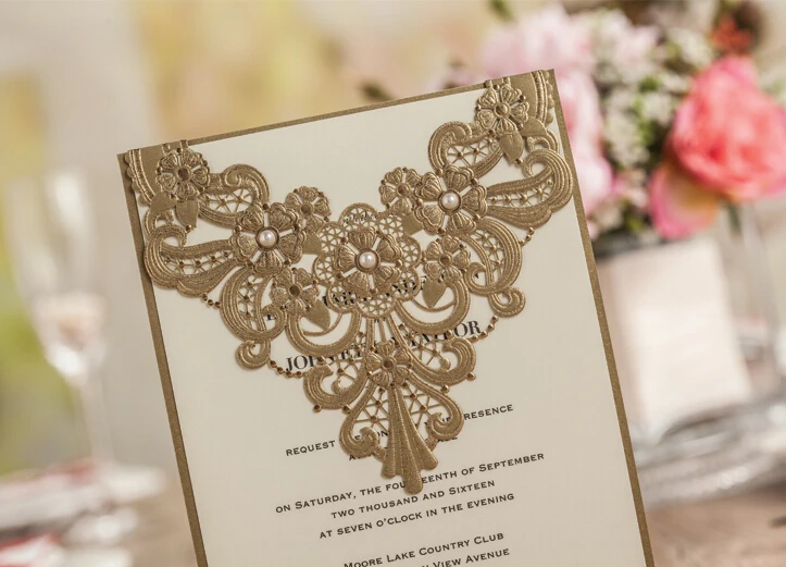 Элегантный Золотой цвет Сложенном Свадебные Приглашения Пригласительный