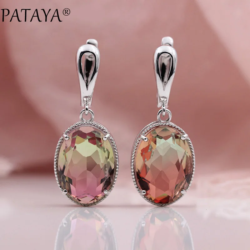true white gold PATAYA, новинка 585, розовое золото, Овальный турмалин, циркон, длинные висячие серьги для женщин, для свадьбы, вечеринки, полые серьги, высокое качество, хорошее ювелирное изделие - Окраска металла: true white gold