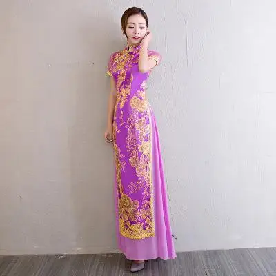 Винтаж Китайский для женщин блестками Длинные Cheongsam Новинка года Вьетнам Aodai платье элегантный воротник стойка Qipao Плюс размеры 3XL 4XL - Цвет: Лаванда