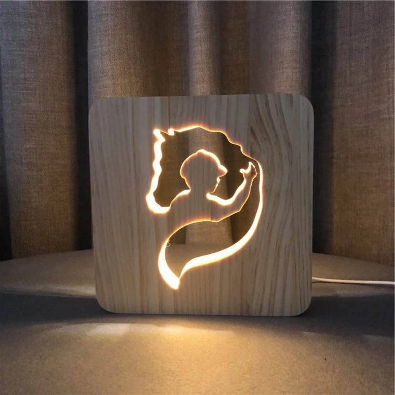 Подгонянное светодиодное освещение Деревянный 3D ночник Лошадь Животное USB