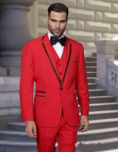 Одна кнопка красный комплект из 3 предметов мужской костюм Slim Fit Пикед нагрудные
