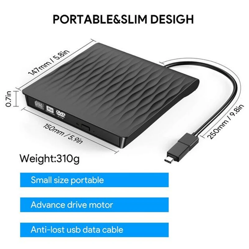 Внешний привод KuWFi для компакт дисков и DVD USB 3 0 Type C тонкий порт внешний прибор
