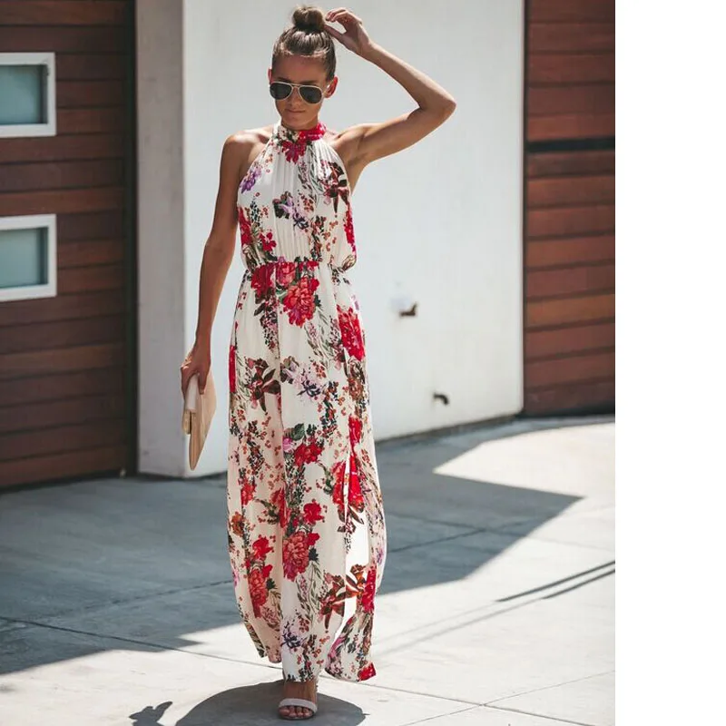 Женское Boho Lange платье макси Леди Avond вечерние пляжные платья Zonnejurk Bloemen Mouwloze Lange Jurk