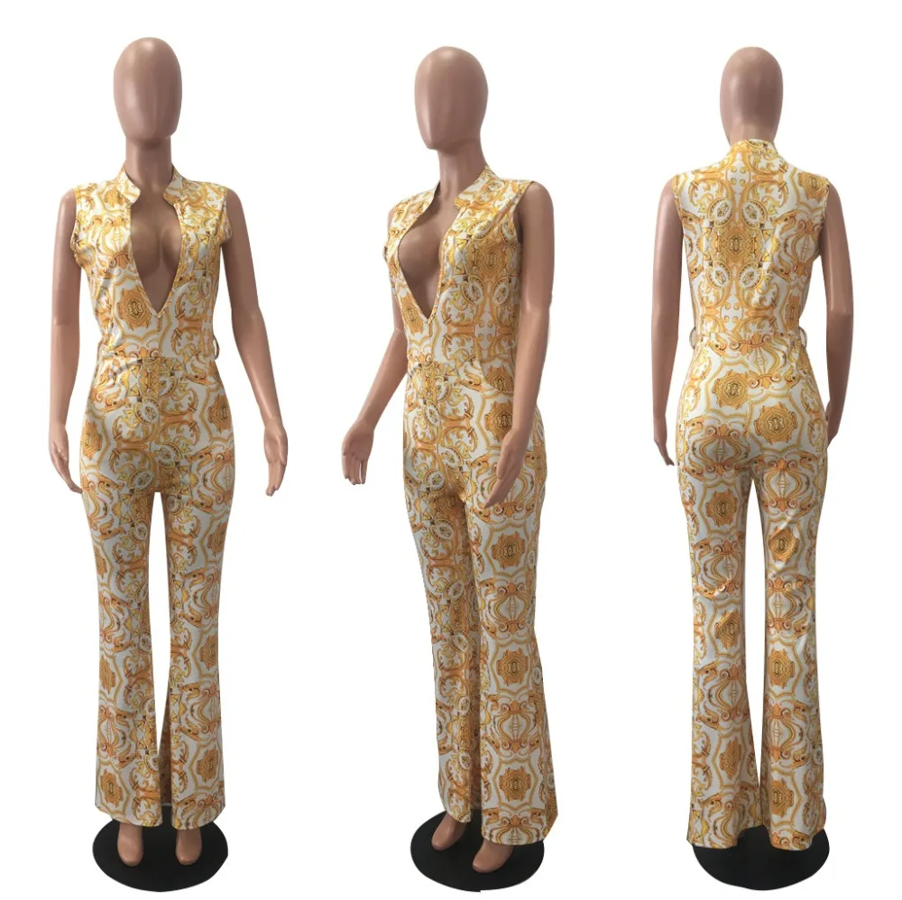 Широкий комбинезон 2019 летний глубокий v-образный вырез желтый принт без рукавов