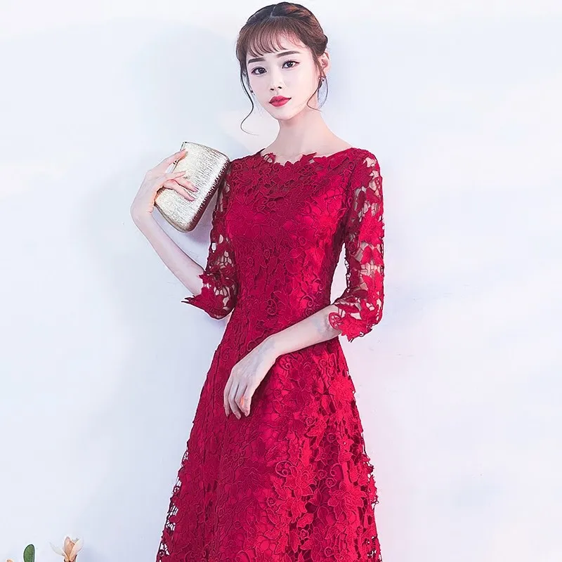 Вышивка красное китайское платье Qipao сексуальная Cheongsam платья Повседневное Для женщин кружева традиционные Вечернее Vestido восточные свадебные туфли