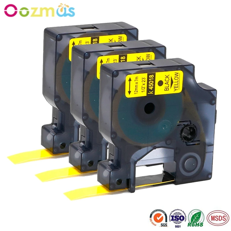 Oozmas 3 шт. 12 мм Dymo D1 этикеточная лента 45018 совместимая с D45018 LabelManager черная печать на