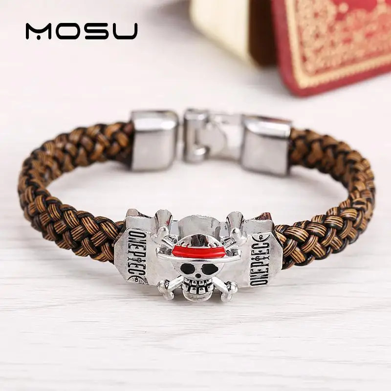 

MOSU Hot anime Silver Alloy Bracelets Luffy Leather Woven Punk Bangle cosplay jewelry can drop shipping