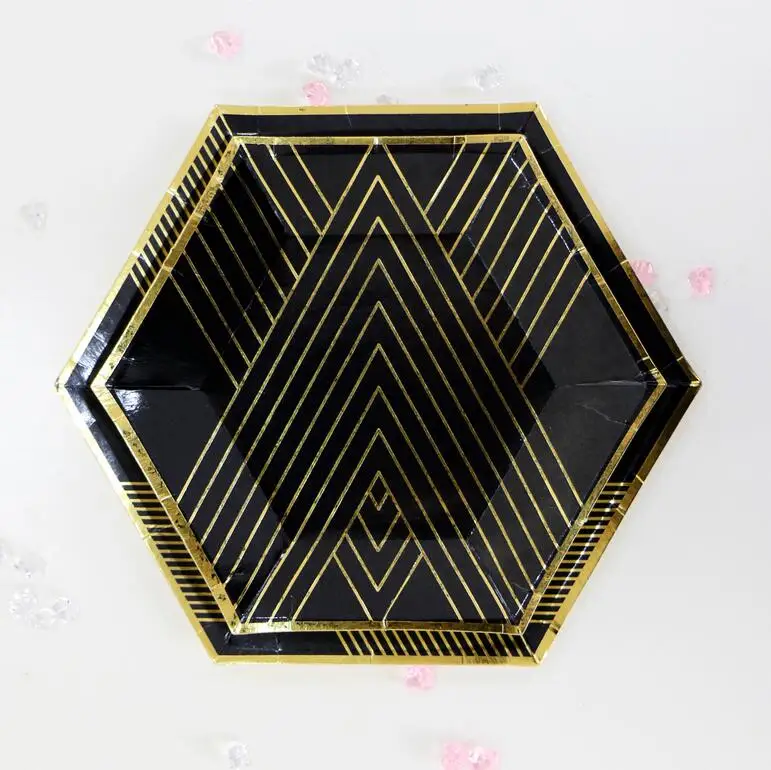 8pcs 7inch black Черная Серия золотые блокирующие одноразовые столовые приборы бумажные тарелки для вечеринки салфетки чашки соломки для дней рождения вечерние свадебные детские Душ Декор - Цвет: 8pcs 7inch black