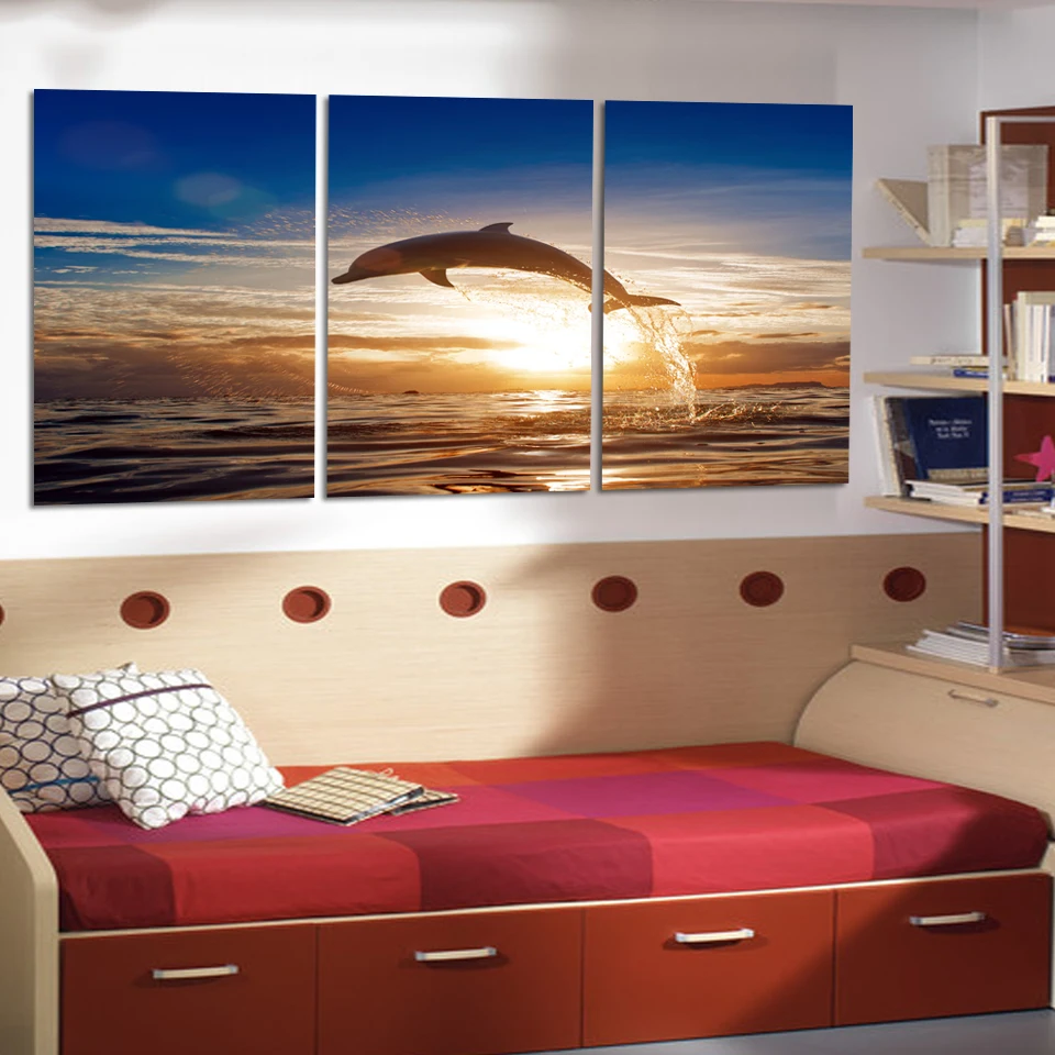 3Pcs Seascape paintings sunset Playful Dolphins Canvas Prints Wall Paintings Decorative for childern's bedroom | Дом и сад