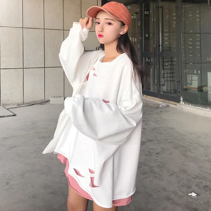 Модная толстовка с капюшоном Femme на осень в Корейском стиле Ulzzang Harajuku отверстие 2