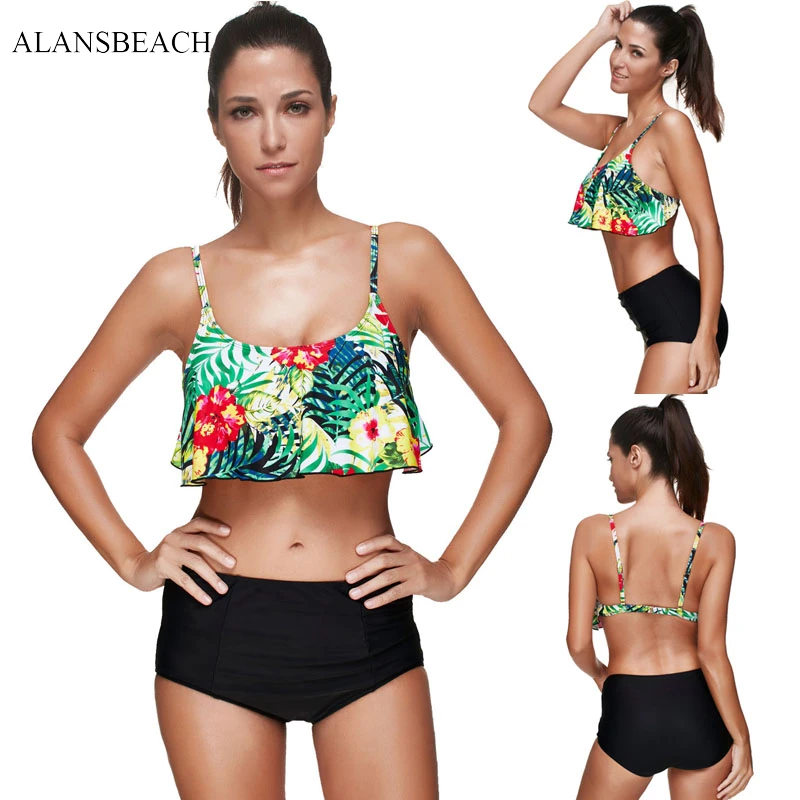 ALANSBEACH Высокая Талия комплекты бикини бандо купальники Спортивные купальные