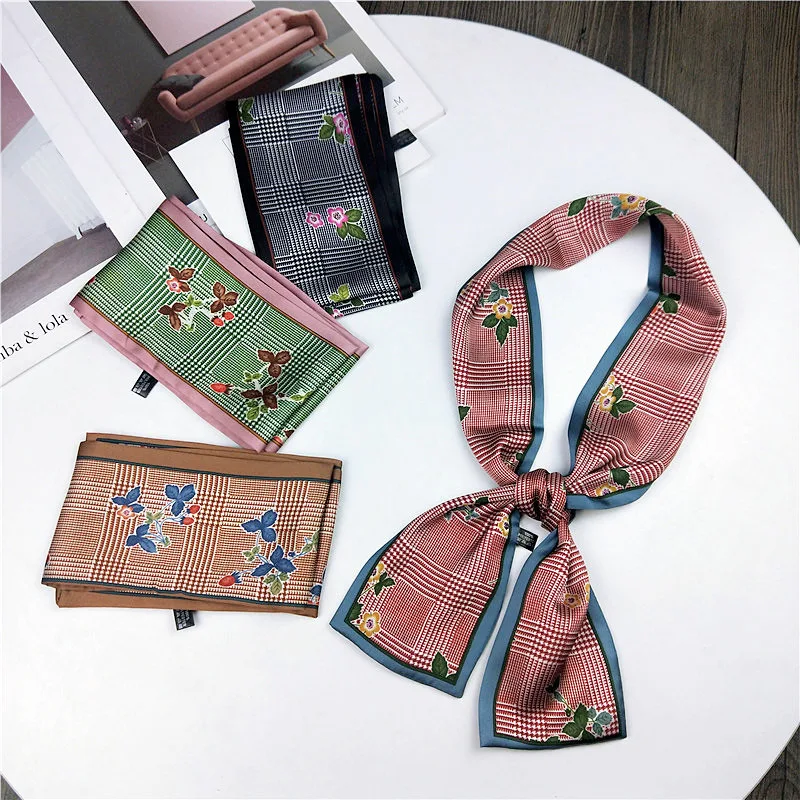Spring Summer Retro Skinny Scarf Women Multicolor Flower Design Print Kerchief Woman Head Neck Satin Scarves Wraps | Аксессуары для