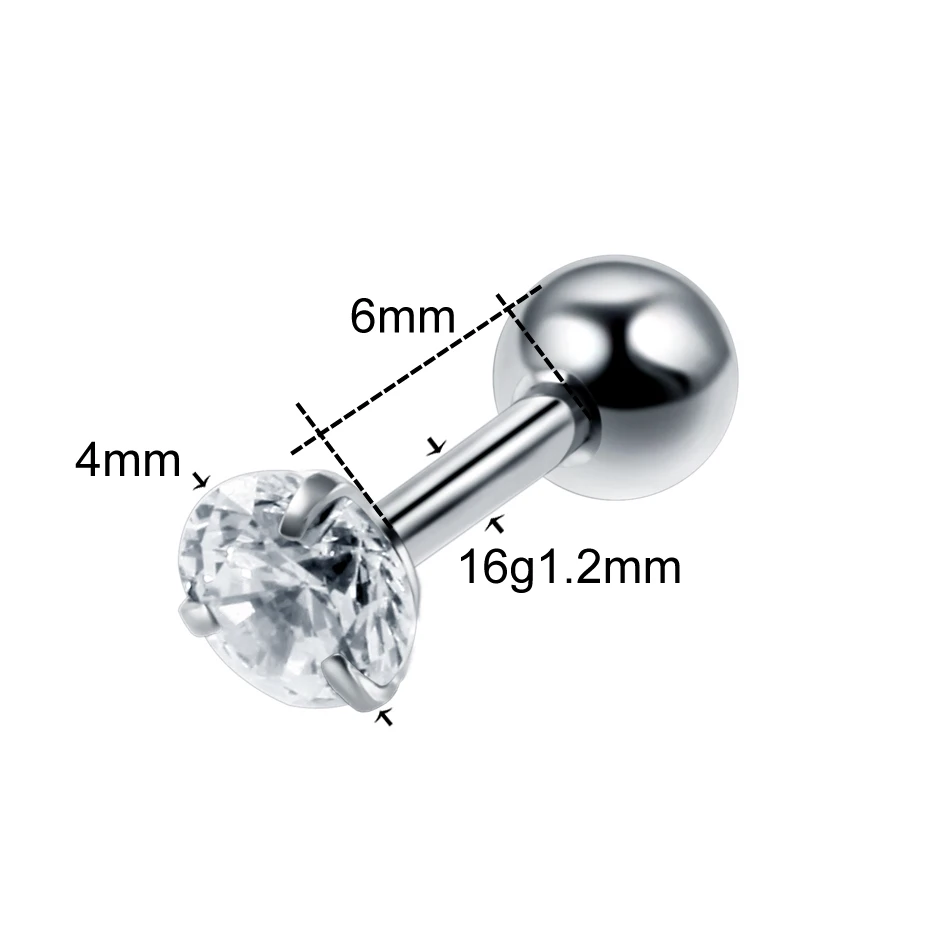 Round 1.2x6x3x4mm 1 шт. сталь 16 г CZ драгоценный камень раковины Lobe штанга для женщин Кристалл Циркон Хрящ уха Бар трагус спираль серьги гвоздики пирсинг тела ювелирные изделия - Окраска металла: Round 1.2x6x3x4mm
