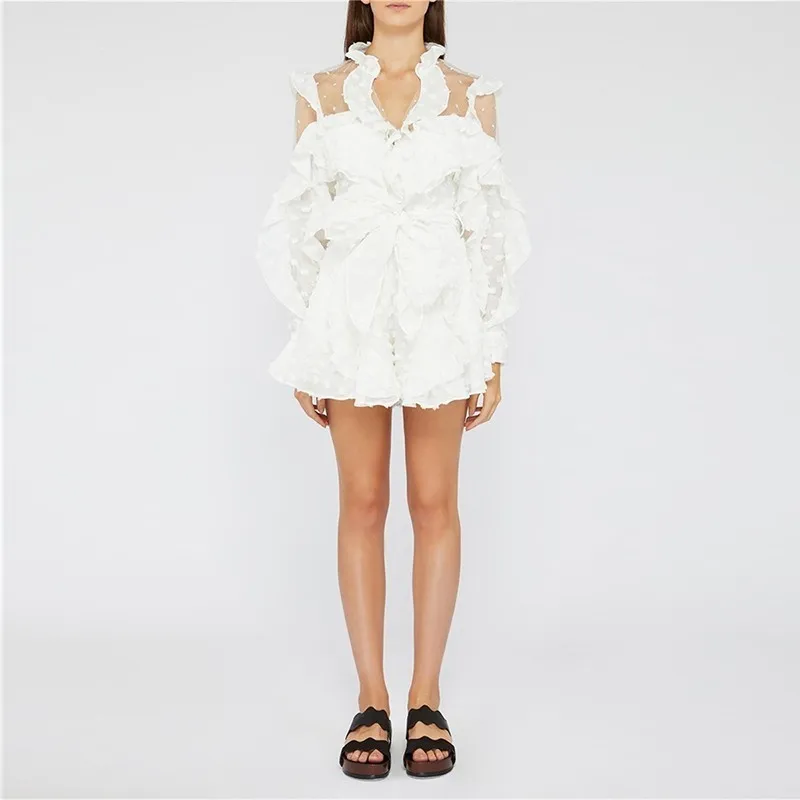white TWOTWINSTYLE Летний комбинезон в горошек на шнуровке для женщин с длинным рукавом бантики перспективная шорты сексуальная женская одежда модная новинка - Цвет: white