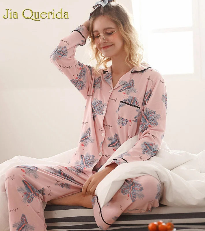 J & Q Pjs для женщин 2019 Весна Новая мода пижамный комплект 2 шт. Женская хлопковая