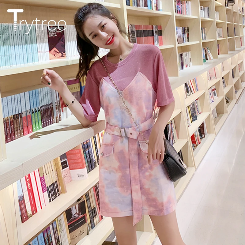 Trytree 2020 летний женский комплект из двух предметов Повседневная розовая свободная