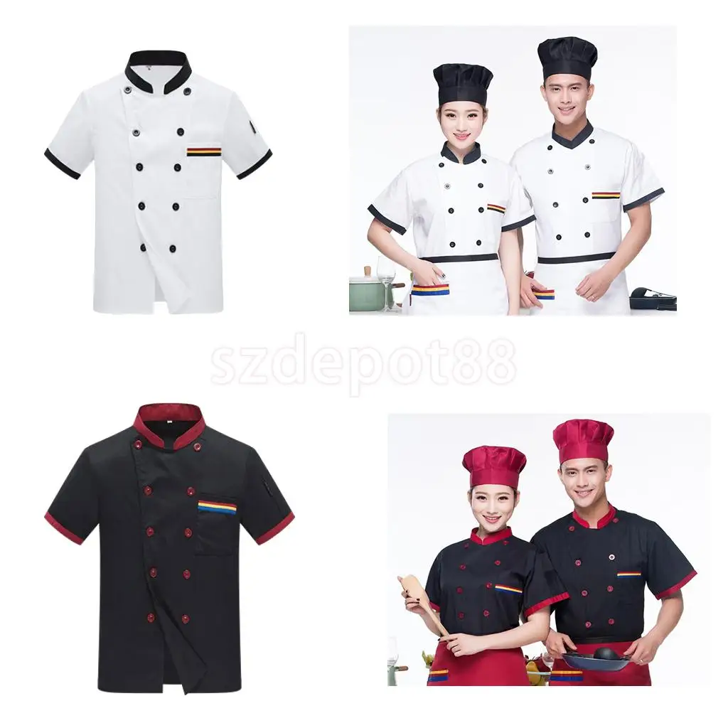 

Men Women Chef Uniform Double Breasted Cook Jacket Coat Short Sleeve M White