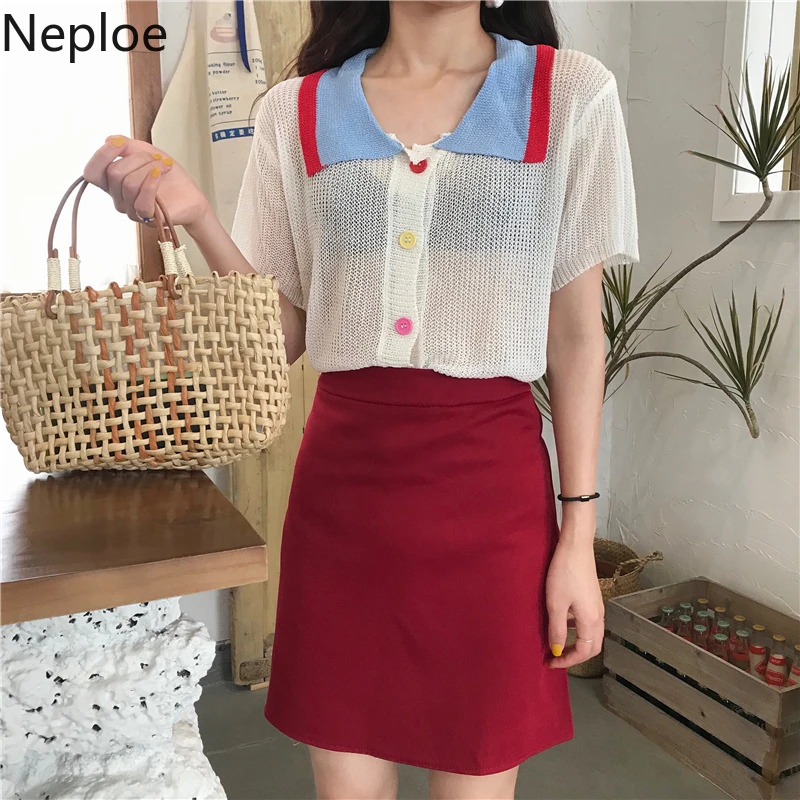 Neploe трикотажные шелковые женские футболки лето 2019 корейский отложной воротник
