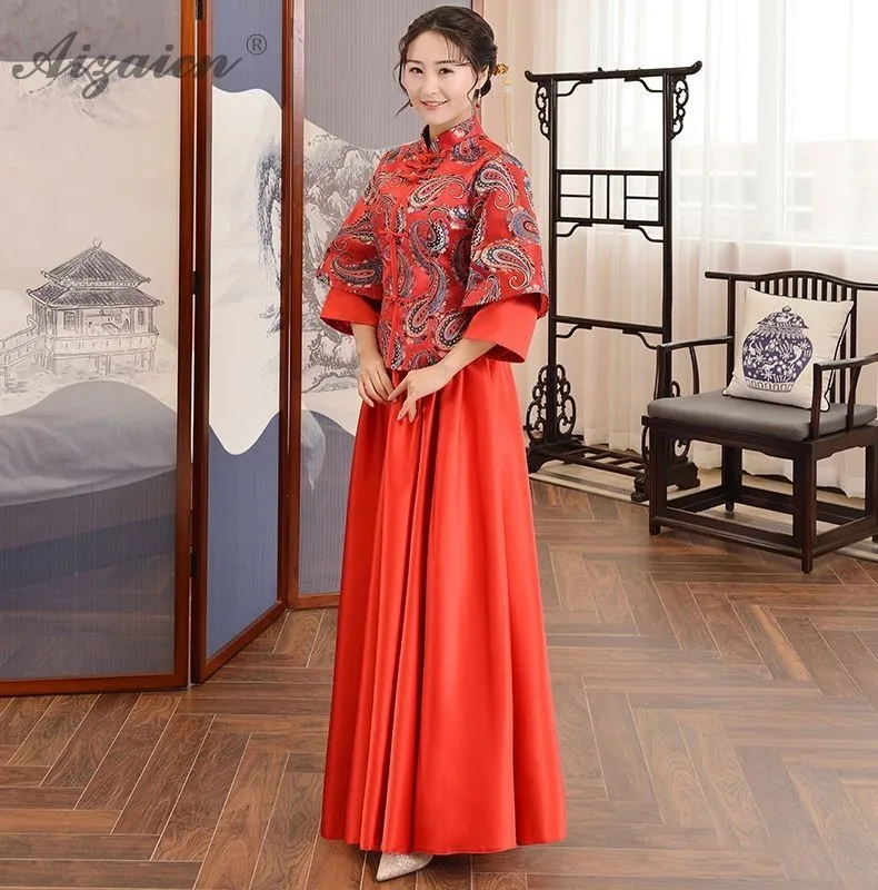 Восточные длинные платья подружки невесты Cheongsam красное китайское свадебное платье Ципао Современная Невеста женится винтажное платье Qi Pao Женская Роба в восточном стиле