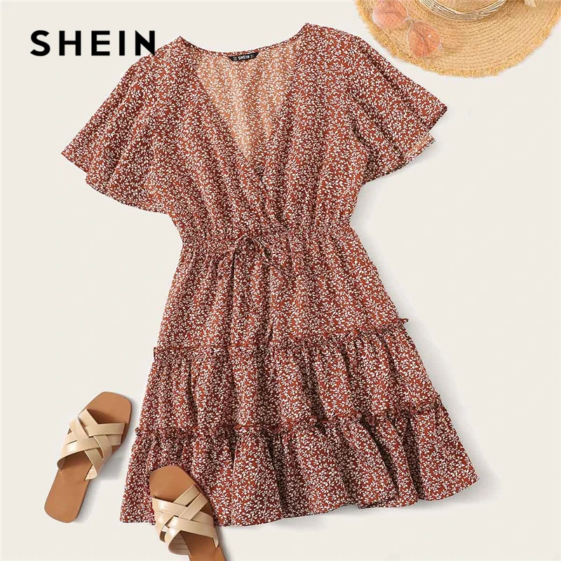 SHEIN летнее женское платье в стиле бохо с рукавами-крылышками и цветочным принтом, с v-образным вырезом, с оборками, облегающее и расклешенное, с высокой талией, короткое платье
