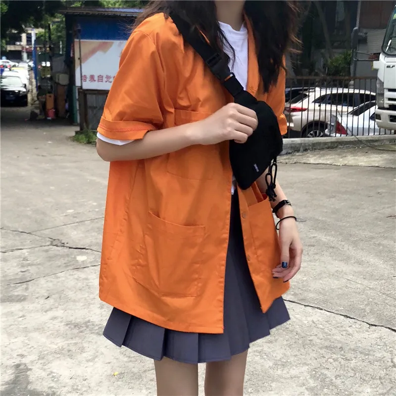 fashion brand Korean loose Safari style pockets short sleeve turn-down collar Blouses Shirts Women's Clothing summer new tops |