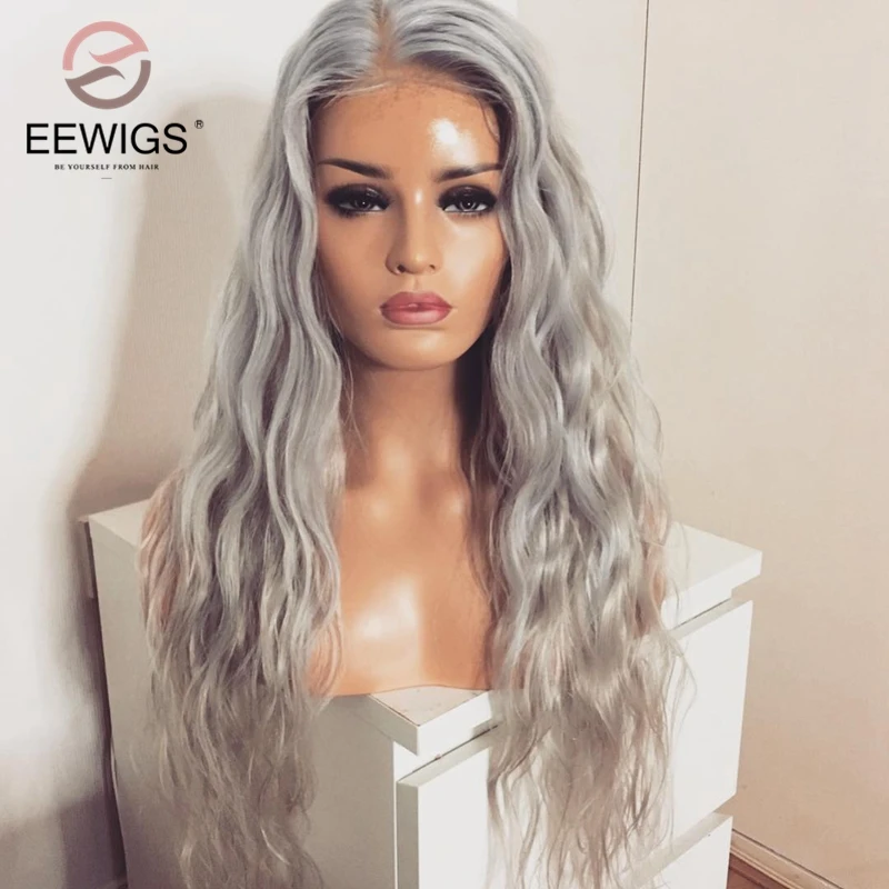 EEWIGS 180 плотность свободные волнистые парики термостойкие серебристо серые