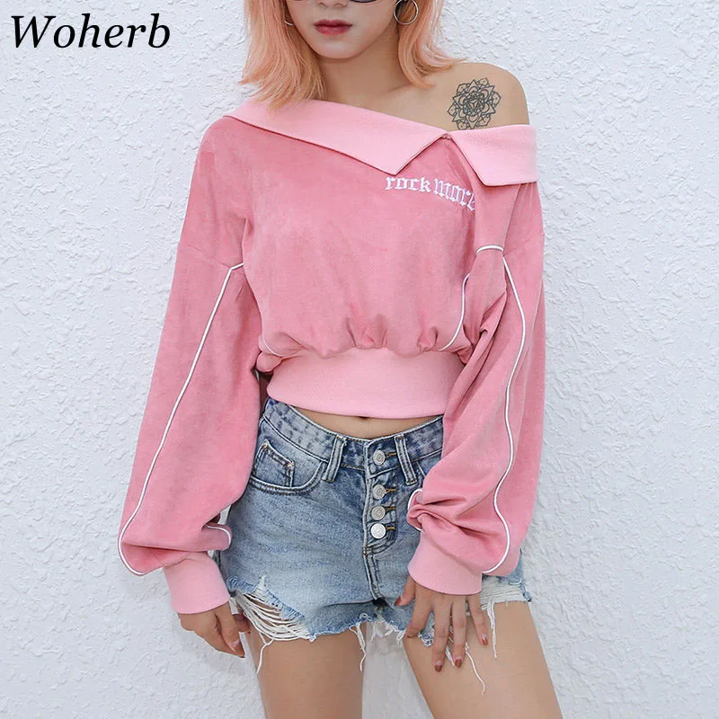 Woherb Harajuku Kawaii укороченный Топ Толстовка для женщин осень 2019 г. Уличная рок письмо