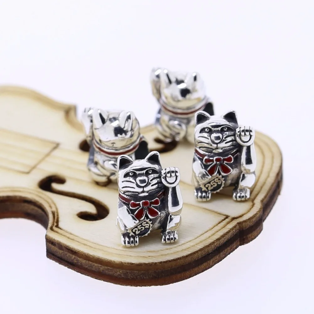 Стерлингового серебра 925 лаки фортуна maneki кот с красным бантом эмаль подходит